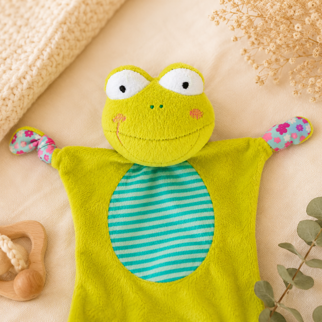 Gros plan sur le visage du doudou grenouille bébé vert et turquoise