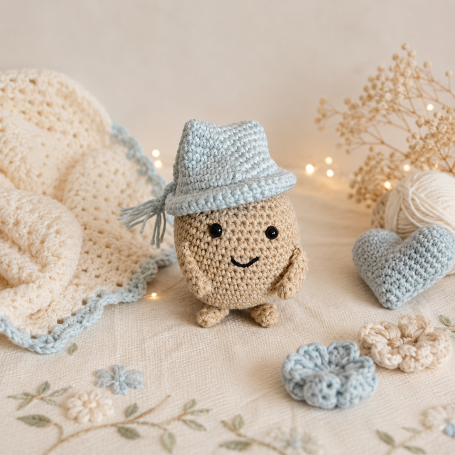 Mr Patate crochet artisanal fait main vue face Mr Patate artisanal au crochet beige avec bonnet bleu sur fond chaleureux