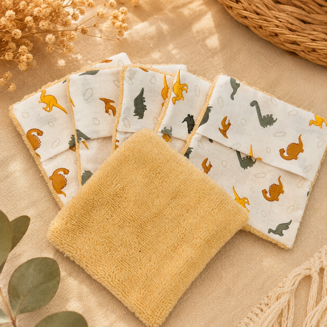 Lingettes lavables réutilisables en coton motif dinosaures et fibre de bambou beige