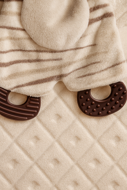 Zèbre en peluche rayé avec anneaux de dentition marron texturés