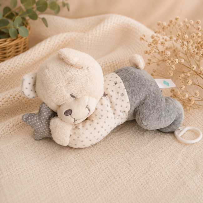 Doudou musical ours seconde main écru et gris