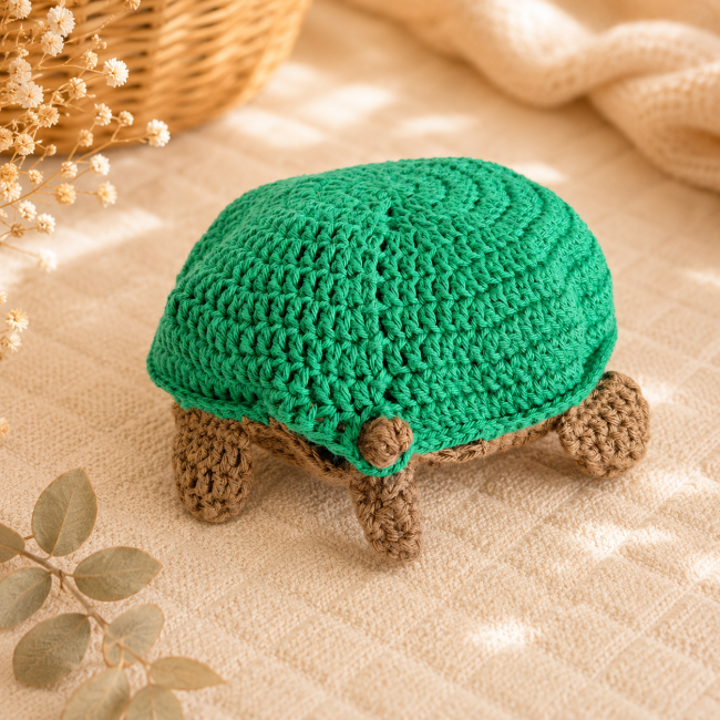 Tortue crochet artisanale verte – Jouet bébé fait main Tortue au crochet verte et marron faite main dans une ambiance chaleureuse et naturelle