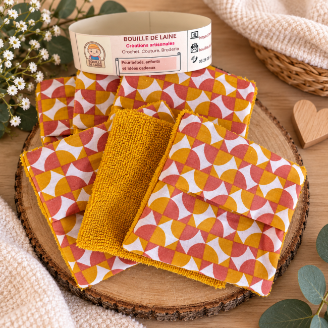 Lingettes lavables en coton et éponge bambou – motif géométrique Lingettes lavables artisanales motif géométrique avec éponge bambou