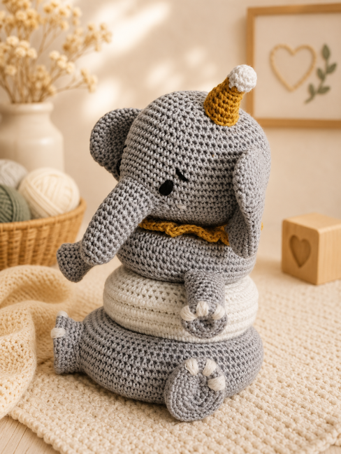 ĂlĂ©phant crochet profil â CrĂ©ation artisanale bĂ©bĂ© ĂlĂ©phant au crochet gris en vue de profil avec bonnet jaune et anneaux en crochet