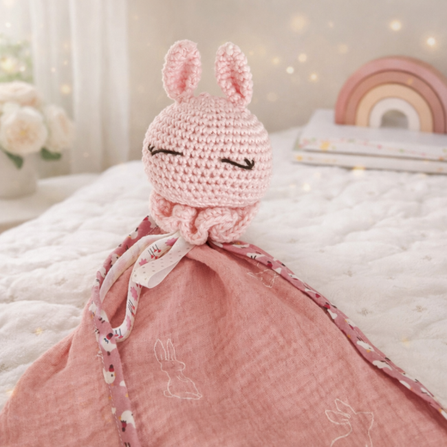 Doudou lange rose avec tête de lapin crochetée, yeux fermés, présenté dans une chambre bébé avec décor pastel et fleurs blanches.