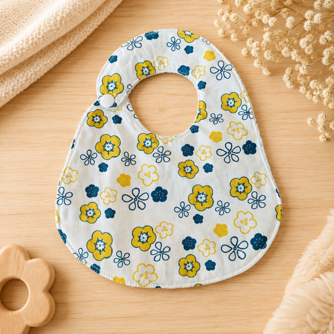 Dos du bavoir artisanal bébé T2 en coton fleuri jaune et bleu