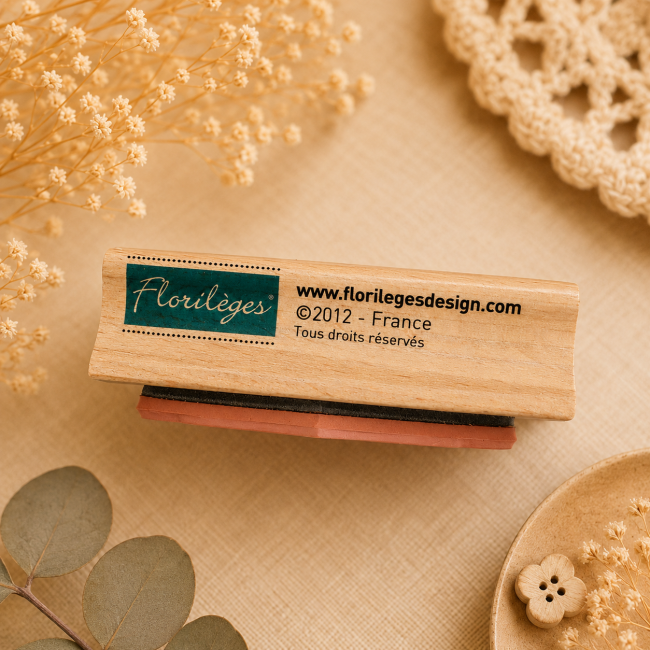 Tampon en bois Florilèges Design avec logo et informations fabricant