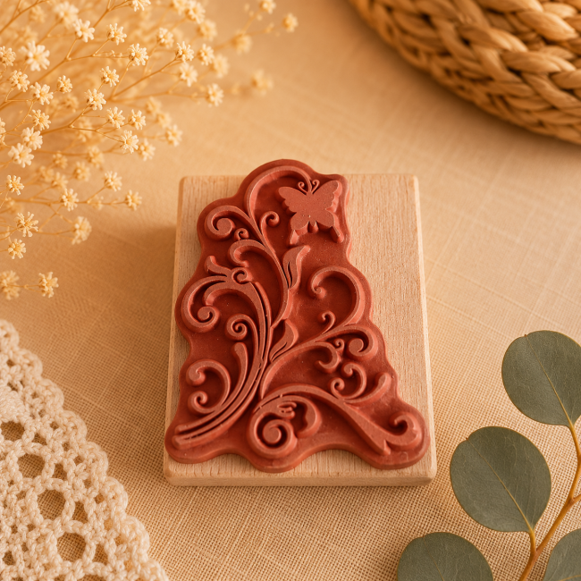 Tampon Artemio en bois avec motif décoratif en caoutchouc rouge
