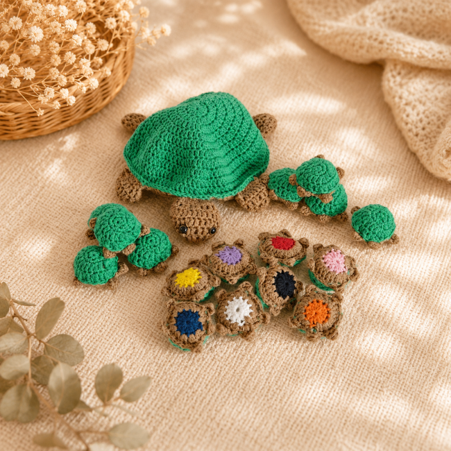 Tortues crochet colorées – Créations artisanales bébé Grande tortue au crochet avec petites tortues colorées faites main sur fond cocooning