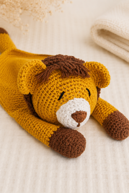 Gros plan sur le visage d’un lion au crochet artisanal jaune avec détails marron fait main