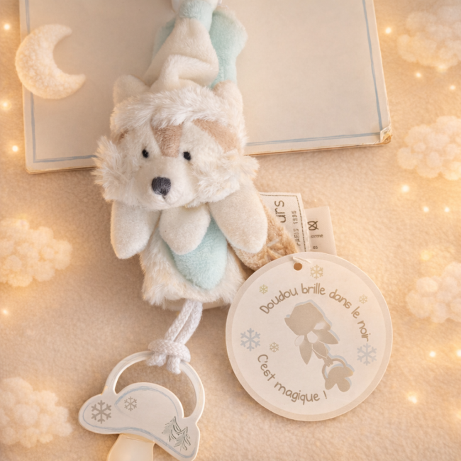 Attache‑sucette Histoire d’Ours 23 cm, doudou blanc et bleu, présentée sur fond sable vanille avec ambiance douce et lumineuse.