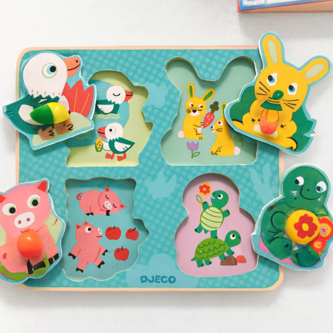Puzzle DJECO en bois avec 5 animaux – gros boutons – seconde main