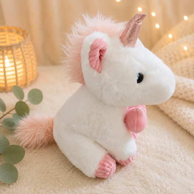 Licorne en peluche blanche avec crinière et queue roses