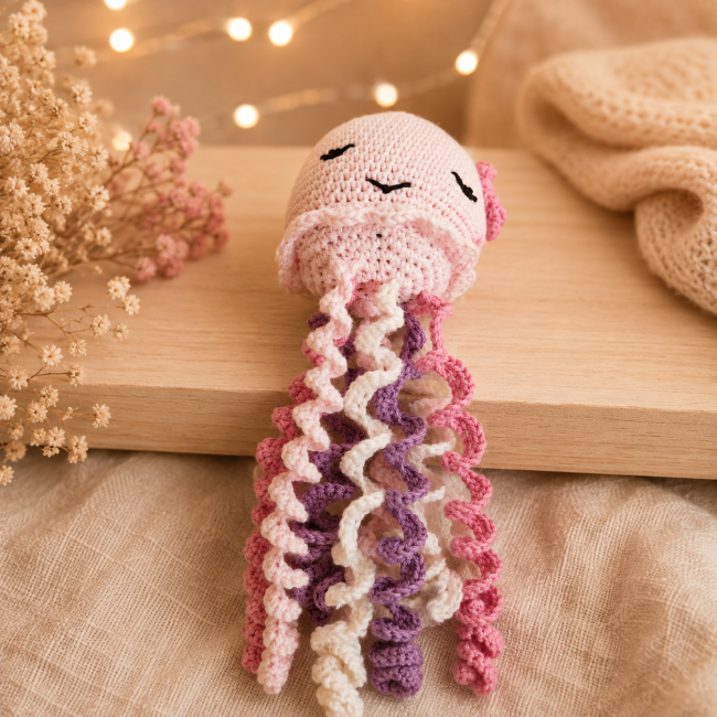 Tentacules bouclés rose blanc et violet d’une pieuvre au crochet