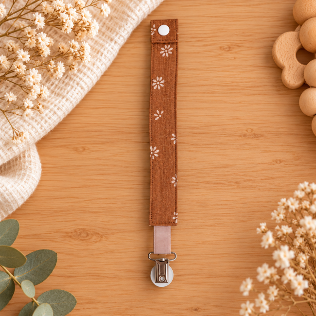Clip métallique de l'attache sucette artisanale marron à fleurs