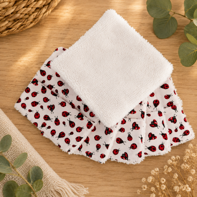 Lingettes lavables réutilisables en coton et éponge Lot de lingettes démaquillantes lavables en coton motif coccinelles et éponge blanche