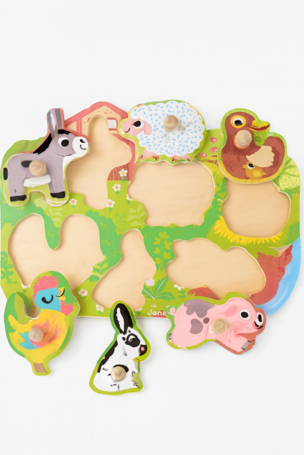 Puzzle en bois Janod avec 6 animaux de la ferme — jouet éducatif pour enfant