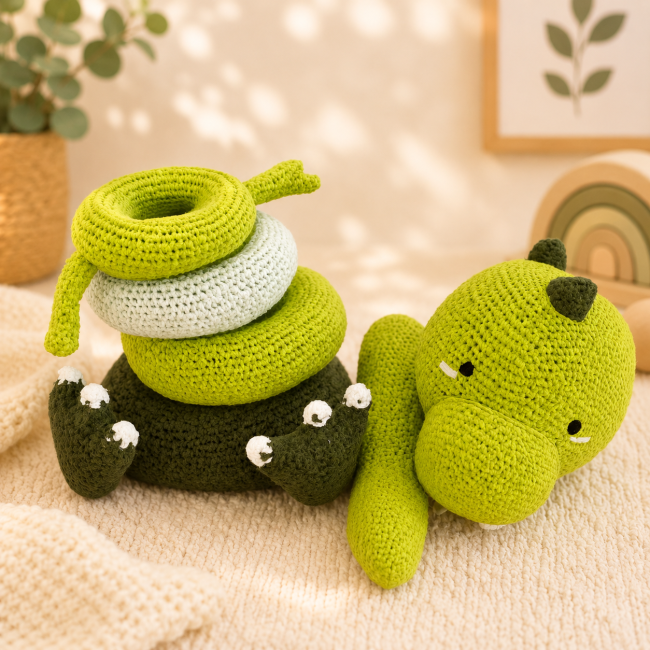 Jouet dinosaure au crochet et anneaux empilables verts dans une ambiance cocooning bébé