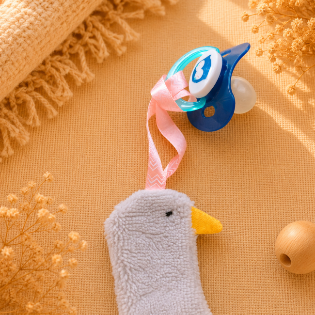 Attache-sucette bébé en bambou avec ruban rose à motifs et sucette bleue