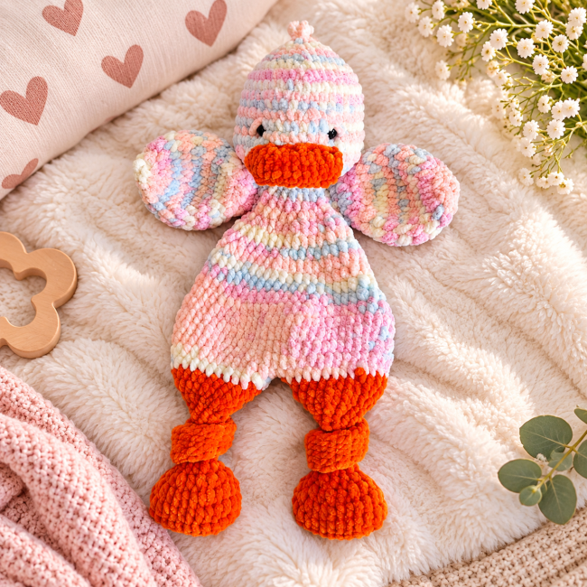 Doudou fait main pastel aux couleurs douces et bec orange