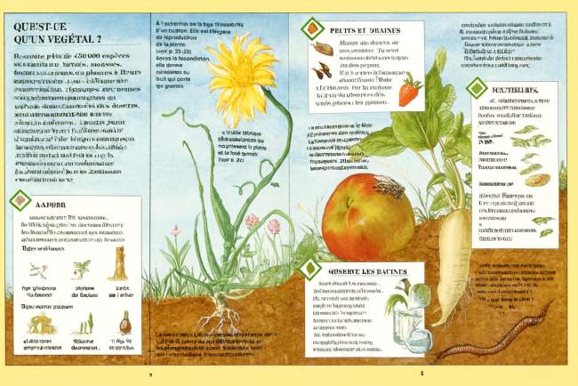 Pages illustrées du livre éducatif sur les plantes – schémas des racines, tiges, feuilles et fruits – contenu pédagogique pour enfants.