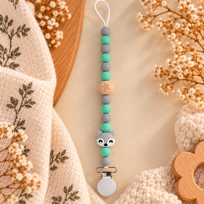 Attache-sucette artisanale en silicone et bois naturel – Renard gris et vert menthe