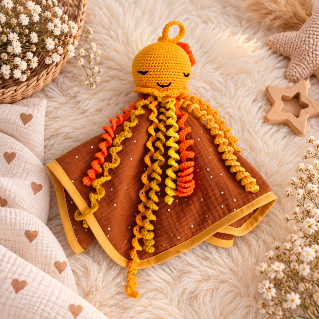 Pieuvre artisanale au crochet jaune orange avec tentacules colorées