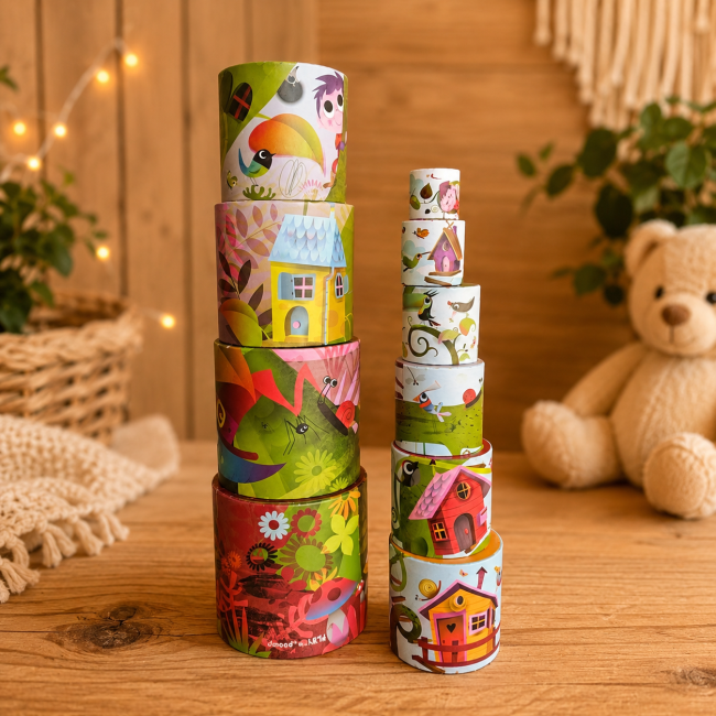 Boîtes à empiler Janod colorées avec motifs animaux et nature
