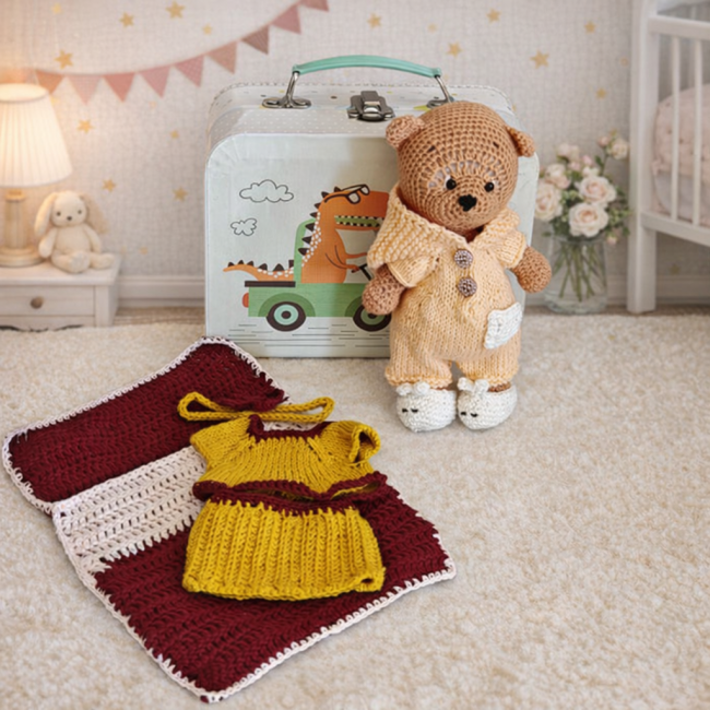 Ours au crochet et accessoires artisanaux Bouille de Laine Ensemble d’articles crochetés comprenant un ours en tenue pêche, une valisette enfantine et un lot de couvertures et vêtements faits main