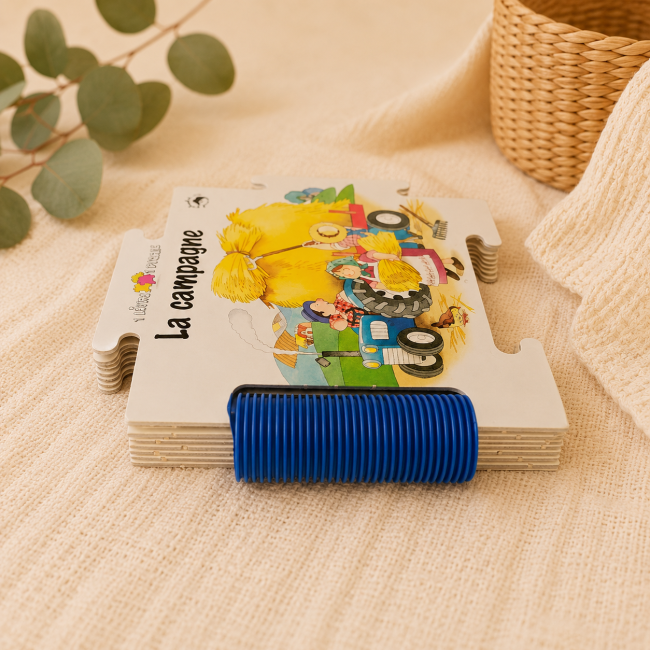 Épaisseur et finition du livre puzzle La campagne Vue latérale du livre puzzle La campagne cartonné pour enfant