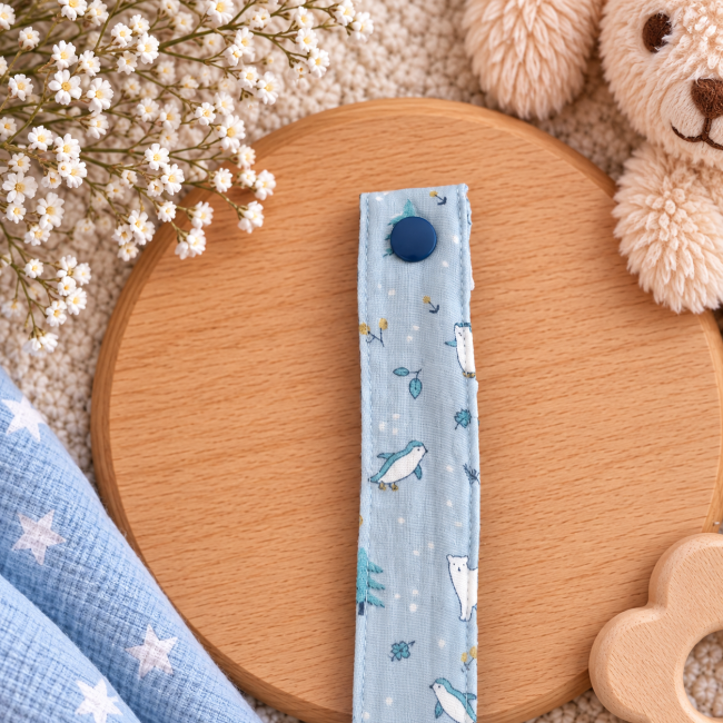 Pression bleu foncé sur attache sucette artisanale en tissu bleu ciel