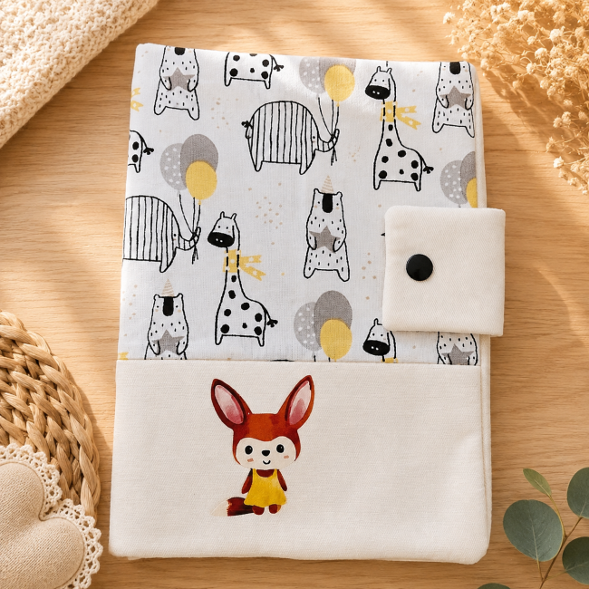 Détail motifs animaux et ballons Détail des motifs animaux et ballons jaunes et gris sur le protège-carnet