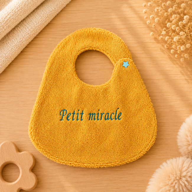 Bavoir artisanal bébé en fibre de bambou jaune moutarde brodé Petit miracle