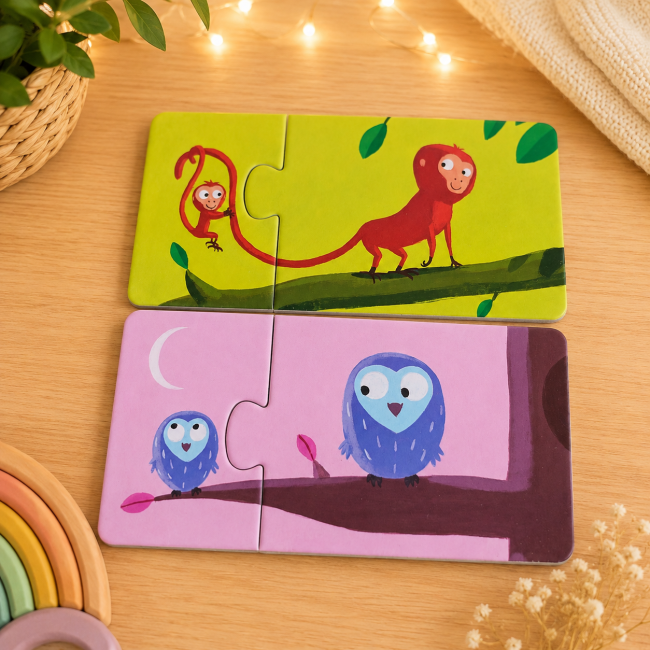 Puzzles deux pièces avec singes et chouettes colorés