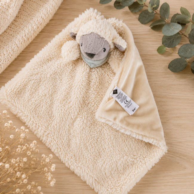 Doudou mouton bébé avec étiquette visible dans une décoration chaleureuse et naturelle
