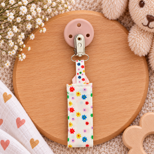 Clip silicone rose reconditionné fixé sur une attache sucette fleurie