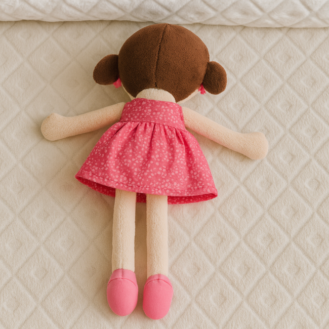 Vue arrière de la poupée en tissu – Seconde main lavée, 30 cm – Bouille de Laine Dos de poupée en tissu seconde main, robe rose, cheveux bruns en chignon, 30 cm