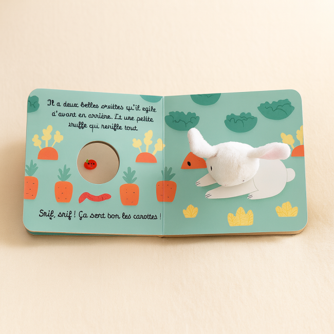 Intérieur avec marionnette — Doudou Lapin - Page intérieure illustrée montrant le lapin en peluche intégré, scène de jardin et texte en français.