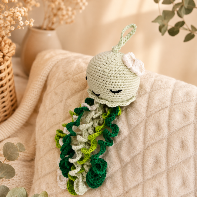 Détail pieuvre au crochet fait main Détail de la pieuvre artisanale au crochet et de ses tentacules en spirale