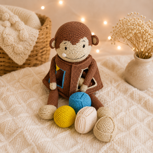 Jouet éducatif bébé au crochet – singe sensoriel artisanal et cocooning Singe éducatif bébé au crochet avec balles sensorielles dans un univers chaleureux et naturel