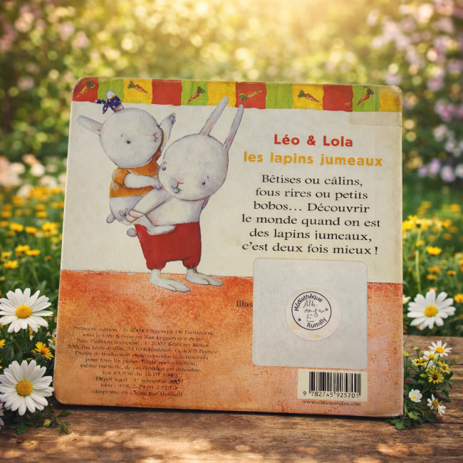 Dos du livre Léo et Lola protégé par film transparent, posé sur un décor fleuri