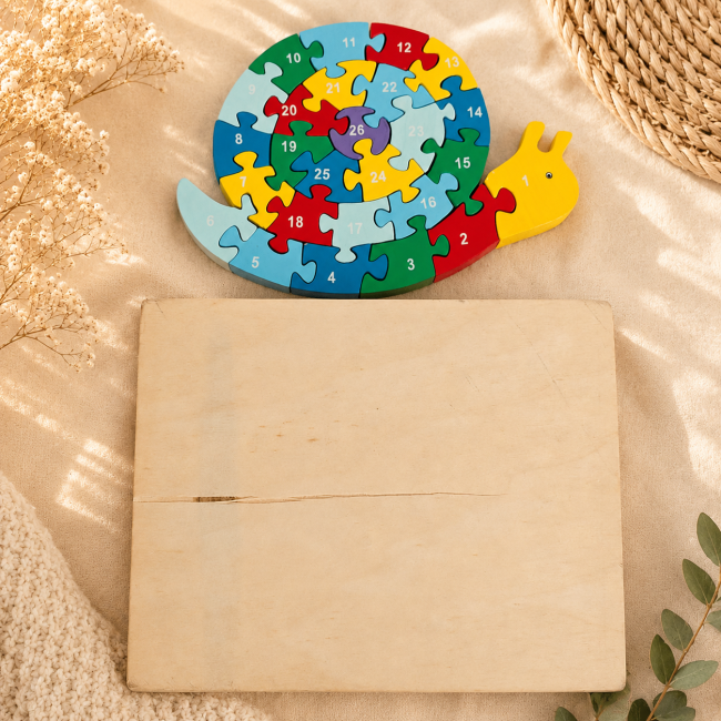 Dos de la boîte en bois du puzzle escargot avec traces d’usure