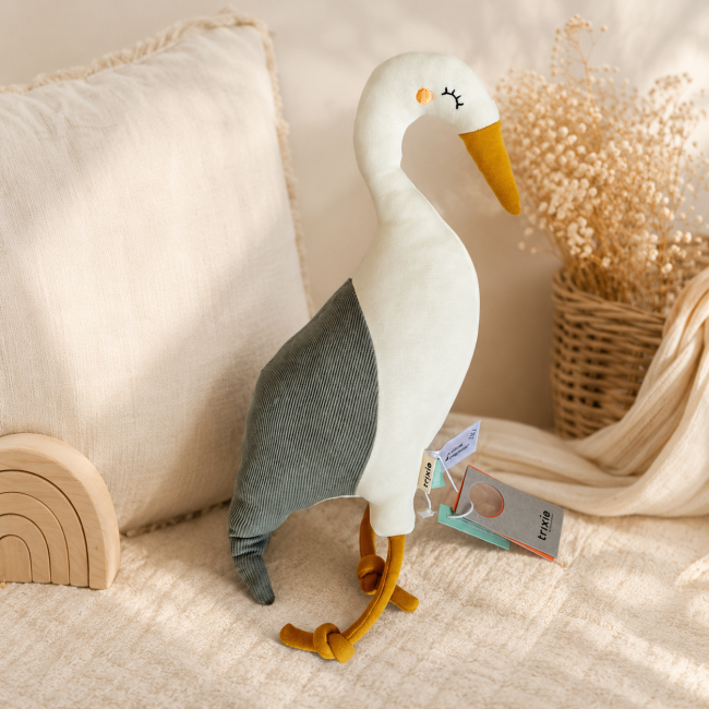 Cygne Trixie en tissu écru et gris vert avec pattes moutarde