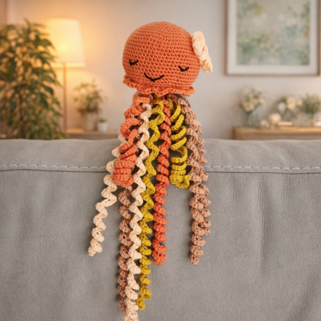Pieuvre en crochet orange – jouet artisanal Bouille de Laine Pieuvre en crochet orange posée sur un canapé gris, avec tentacules bouclés et ambiance lumineuse douce en arrière‑plan.
