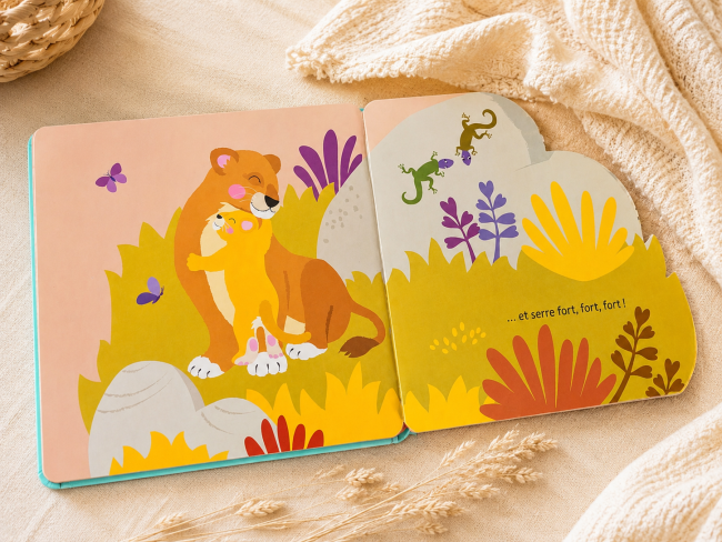 Livre bébé tactile avec lionne et lionceau dans une décoration naturelle et chaleureuse