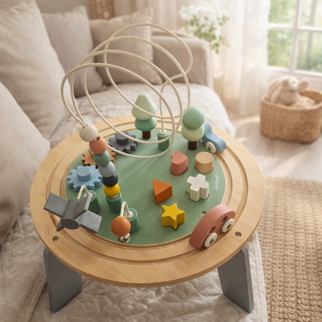  Détail des formes en bois et engrenages de la table d’activités Janod