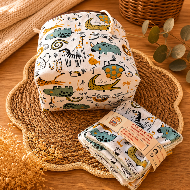 Dessous du pochon artisanal en coton motif animaux Safari fabriqué à la main