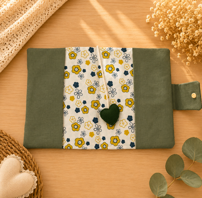 Intérieur du protège-carnet de santé artisanal Protège-carnet de santé bébé ouvert avec tissu fleuri et cœur en feutrine