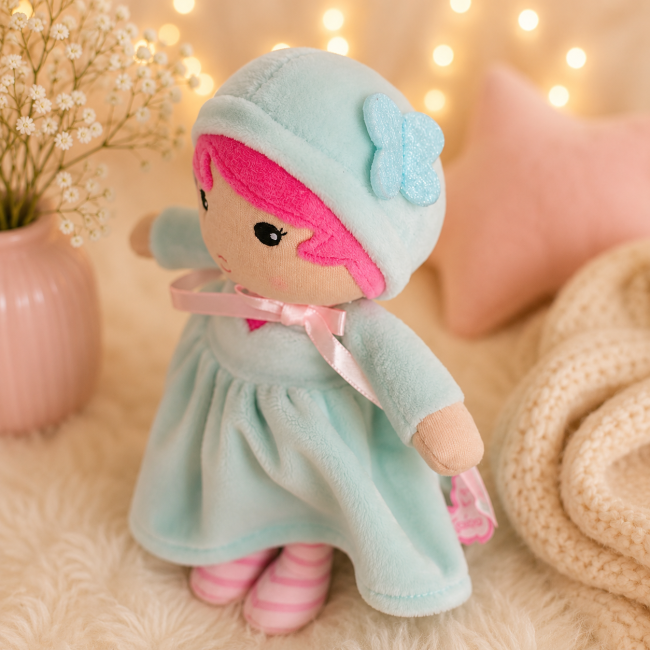 Poupée Kaloo vert d’eau vue de profil avec ruban rose et robe