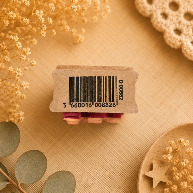 Tampon en bois Joyeux Noël avec référence et code-barres